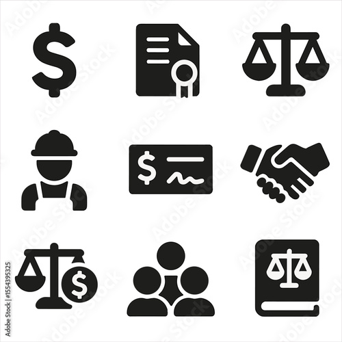 Minimum Wage Essentials Icons. Solid, filled icons set of minimum wage law essentials: dollar sign, legal