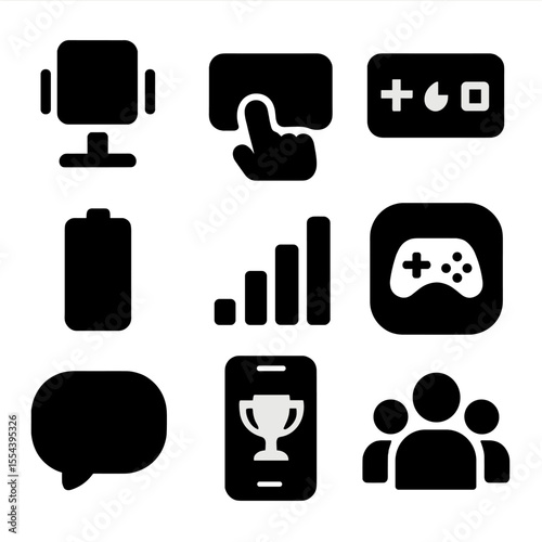 Mobile Gaming Icons. Solid, filled icons set of mobile gaming competitions: phone stand, tap buttons, mobile