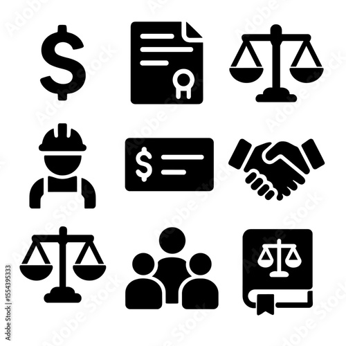 Minimum Wage Essentials Icons. Solid, filled icons set of minimum wage law essentials: dollar sign, legal
