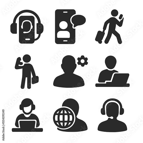 Mobile Support Icons. Solid, filled icons set of mobile support agents: mobile headset, smartphone talk,