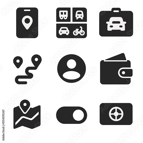 Mobility Icons Grid. Solid, filled icons set of mobility-as-a-service (MaaS): app interface, transport