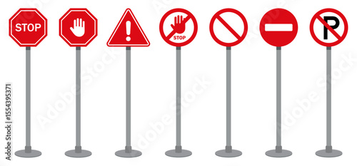 Set of red traffic signs including stop, warning, no entry, and no parking icons mounted on poles. Flat vector design for road safety, traffic control, and transportation themes.