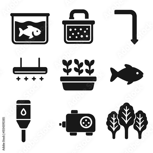 Modern Aquaponics Icon Set. Solid, filled icons set of aquaponics system: fish tank, biofilter, water