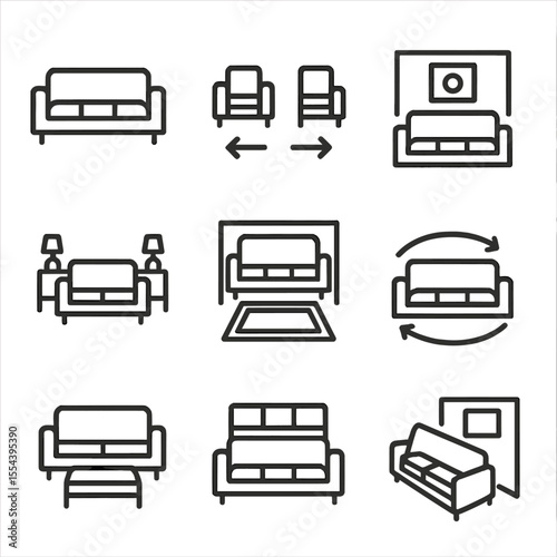 Modern Furniture Icons. Solid, filled icons set of furniture arrangement: couch alignment, open path, focal