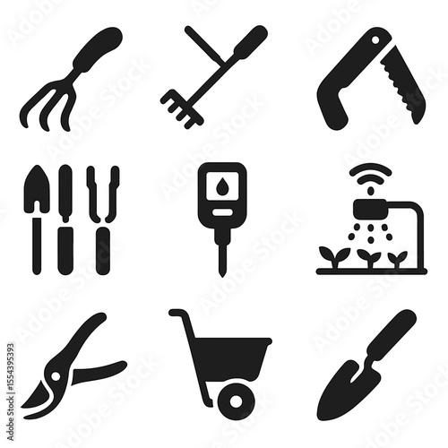Modern Garden Tool Icons. Solid, filled icons set of modern garden tools: ergonomic handle, lightweight design