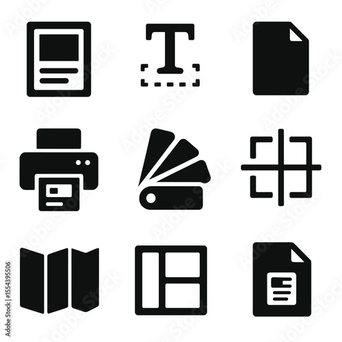 Modern Print Design Icons. Solid, filled icons set of poster and print design: poster icon, typography tool,