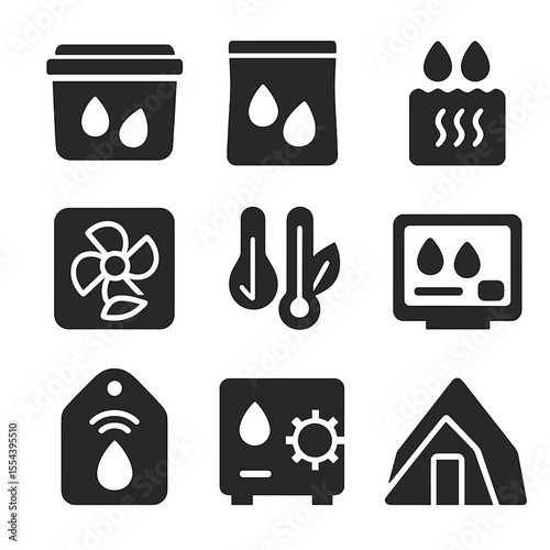 Modern Seed Storage Icons. Solid, filled icons set of modern seed storage solutions: airtight container,