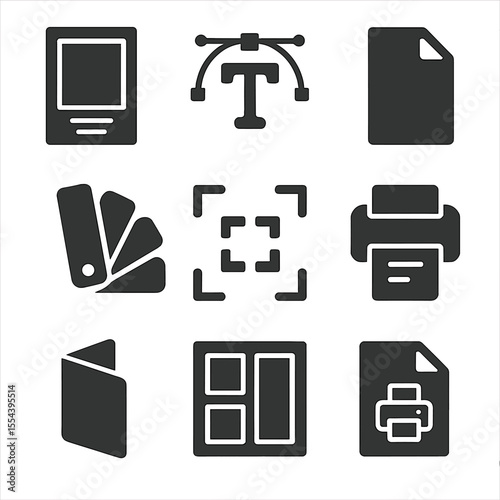 Modern Print Design Icons. Solid, filled icons set of poster and print design: poster icon, typography tool,