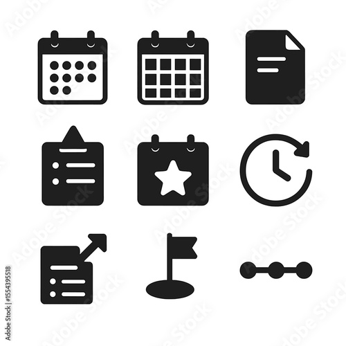 Modern Planning Icons. Solid, filled icons set of weekly and monthly planning: weekly calendar, monthly