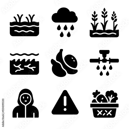 Monsoon Agriculture Icons. Solid, filled icons set of monsoon impact on tropical agriculture: flooded field,