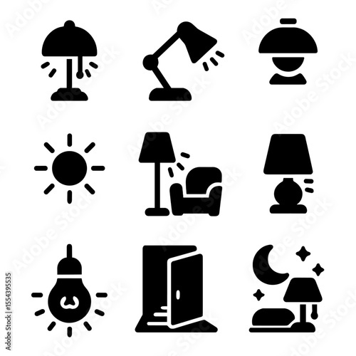 Mood Lighting Icons. Solid, filled icons set of lighting for mood and setting: mood lighting icon, adjustable