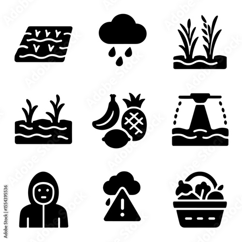 Monsoon Agriculture Icons. Solid, filled icons set of monsoon impact on tropical agriculture: flooded field,