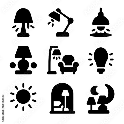 Mood Lighting Icons. Solid, filled icons set of lighting for mood and setting: mood lighting icon, adjustable