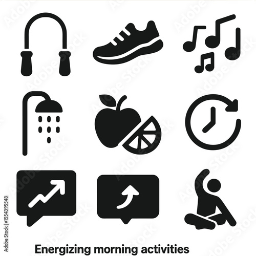 Morning Energy Icons. Solid, filled icons set of energizing morning activities: jump rope, running shoes,