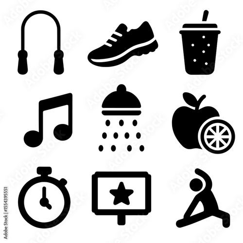 Morning Energy Icons. Solid, filled icons set of energizing morning activities: jump rope, running shoes,