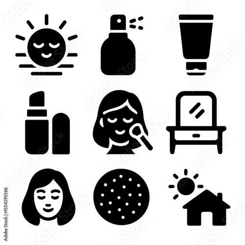 Morning Beauty Icons. Solid, filled icons set of morning beauty rituals: sunrise glow, fresh mist, smooth
