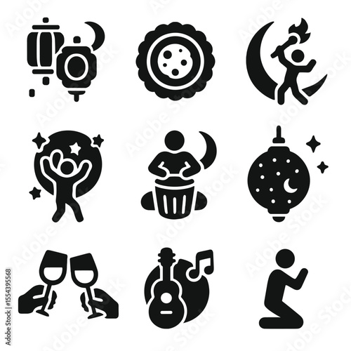 Moonlight Celebration Icons. Solid, filled icons set of moonlight celebrations: lantern festival, moon cake,