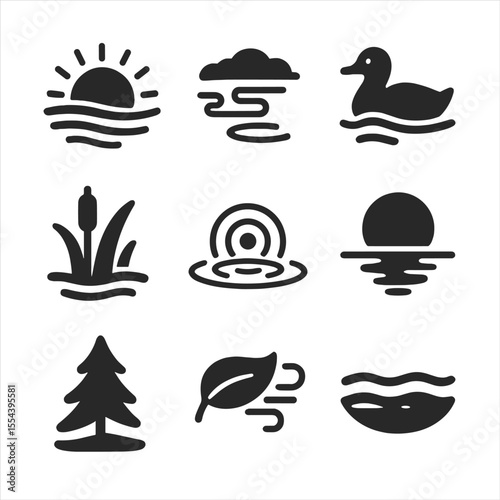 Morning Pond Icons. Solid, filled icons set of early morning pond: sunrise glow, morning mist, duck glide,