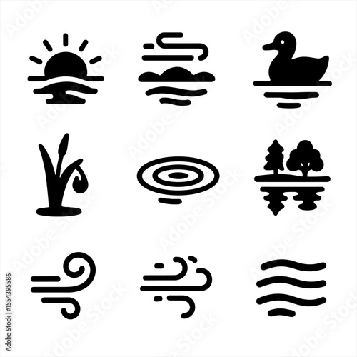 Morning Pond Icons. Solid, filled icons set of early morning pond: sunrise glow, morning mist, duck glide,