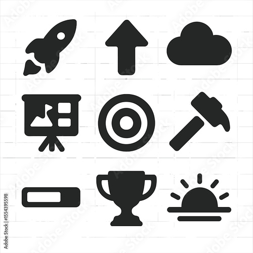 Motivation Icon Set. Solid, filled icons set of personal motivation: rocket icon, upward arrow, dream cloud,
