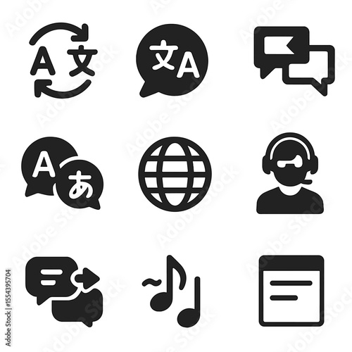 Multilingual Conversation Icons. Solid, filled icons set of multilingual conversations: language switch icon,