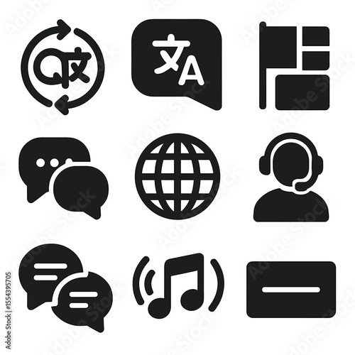 Multilingual Conversation Icons. Solid, filled icons set of multilingual conversations: language switch icon,