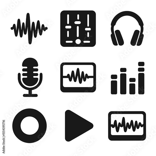 Music Icon Collection. Solid, filled icons set of audio and music production: sound wave icon, mixing console,