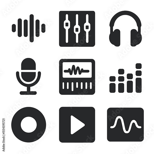 Music Icon Collection. Solid, filled icons set of audio and music production: sound wave icon, mixing console,