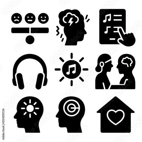 Music Therapy Icon Set. Solid, filled icons set of music therapy in mental health: mood scale, anxiety relief
