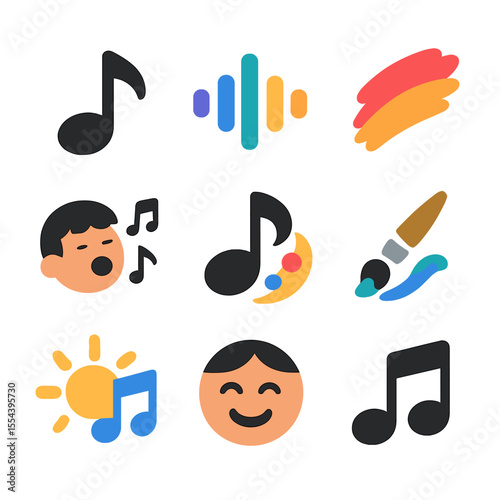 Music and Art Icons. Solid, filled icons set of music and art blending: music note, colorful sound wave, paint
