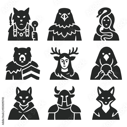 Mystic Animal Icons. Solid, filled icons set of human-animal mystics: wolf shaman, eagle warrior, snake