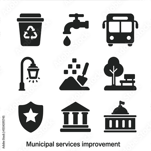 Municipal Services Icons. Solid, filled icons set of municipal services improvement: recycling bin, clean