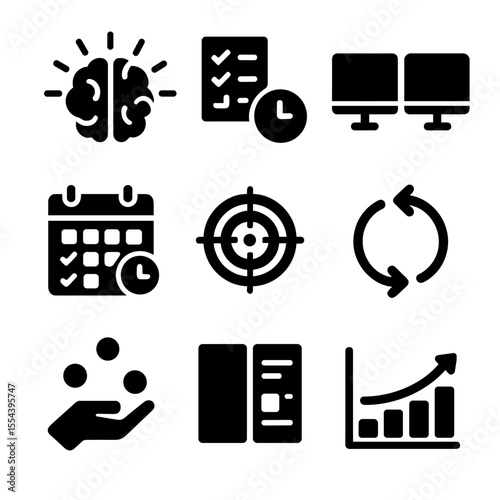 Multitasking Icons Grid. Solid, filled icons set of improving your ability to multitask: multitasking brain,
