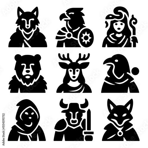 Mystic Animal Icons. Solid, filled icons set of human-animal mystics: wolf shaman, eagle warrior, snake