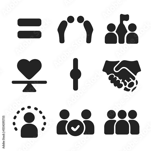 Mutual Respect Icons. Solid, filled icons set of mutual respect practices: equal sign, respectful nod, mutual