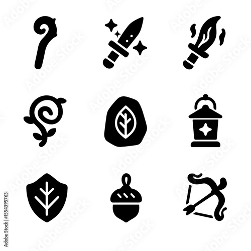 Mythical Forest Weapons Icons. Solid, filled icons set of mythical forest weapons and tools: wooden staff,