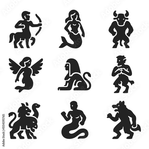 Mythical Creature Icons. Solid, filled icons set of mythical hybrids: centaur, mermaid, minotaur, harpy,