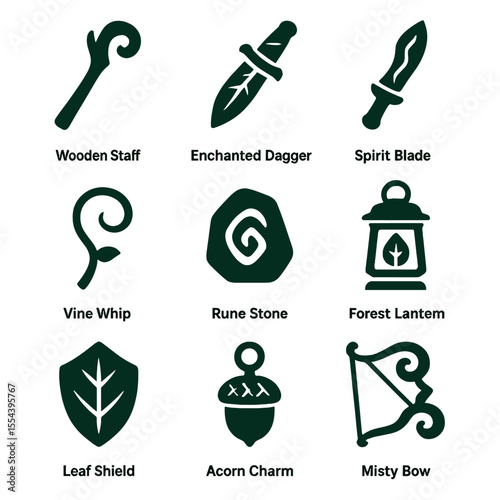 Mythical Forest Weapons Icons. Solid, filled icons set of mythical forest weapons and tools: wooden staff,