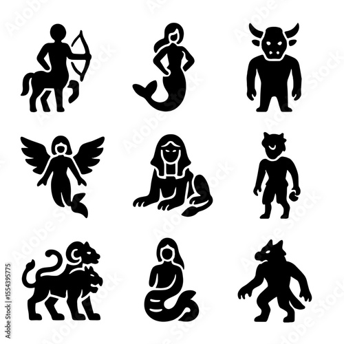Mythical Creature Icons. Solid, filled icons set of mythical hybrids: centaur, mermaid, minotaur, harpy,