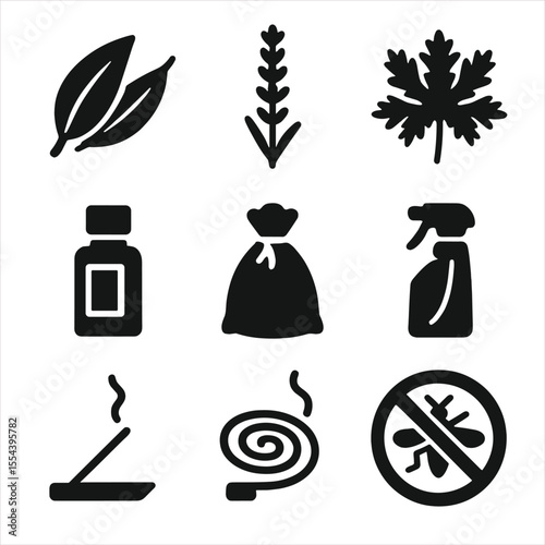 Natural Insect Repellents Icons. Solid, filled icons set of natural insect repellents: eucalyptus leaf,