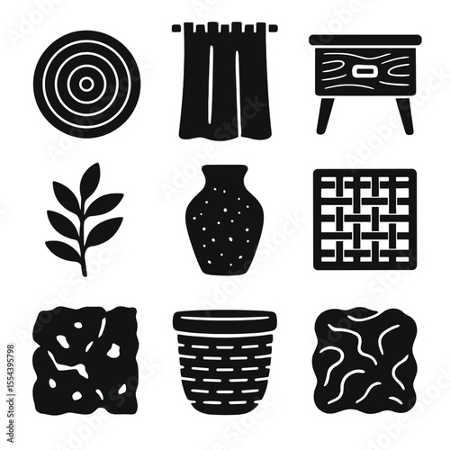 Natural Textures Icons. Solid, filled icons set of natural and organic textures: jute rug, linen curtain, wood