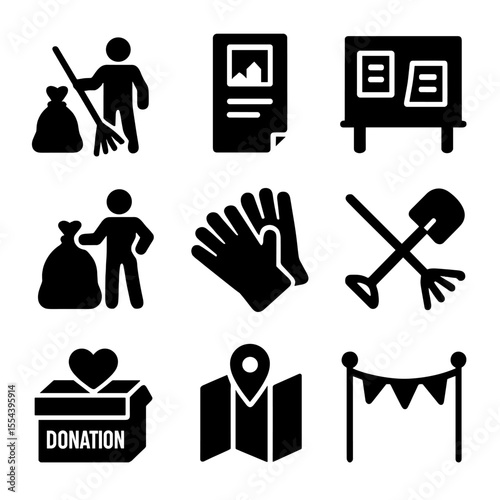 Neighborhood Cleanup Icons. Solid, filled icons set of neighborhood clean-up day: people with rakes, trash bag