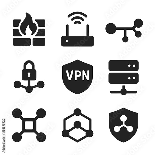 Network Security Icons. Solid, filled icons set of network security measures: firewall icon, router icon, data