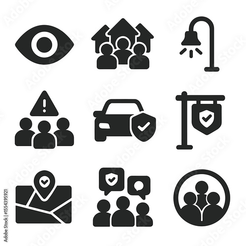 Neighborhood Safety Icons. Solid, filled icons set of neighborhood security and safety: watch icon, community