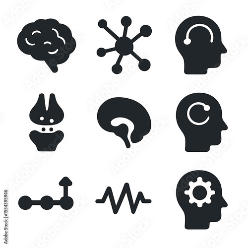 Neuroscience Memory Icons. Solid, filled icons set of neuroscience of memory: brain icon, neuron network,
