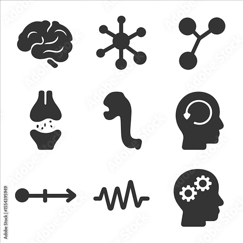 Neuroscience Memory Icons. Solid, filled icons set of neuroscience of memory: brain icon, neuron network,