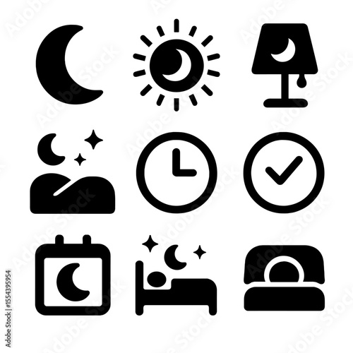 Night Mode Icons. Solid, filled icons set of night time adjustments: moon icon, night glow, soft light, calm