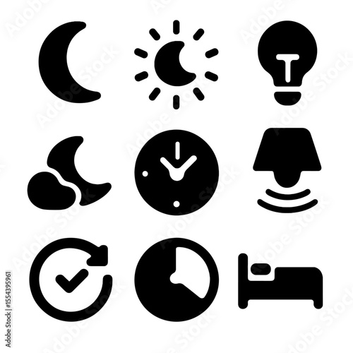 Night Mode Icons. Solid, filled icons set of night time adjustments: moon icon, night glow, soft light, calm
