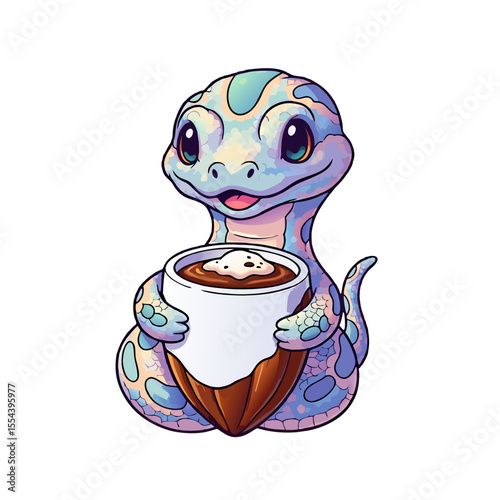 Children's clothing print: cute cartoon gecko holding a cup of hot chocolate on white background