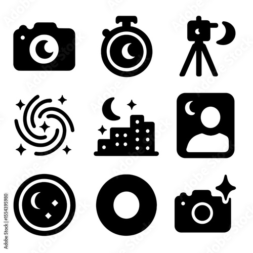 Night Photography Icons. Solid, filled icons set of night photography: moon camera, long exposure, tripod